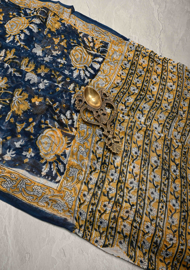 Prussian Blue Georgette Saree with Sanganeri Hand Block Print
