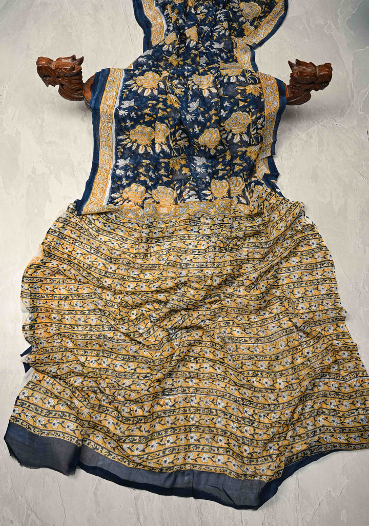 Prussian Blue Georgette Saree with Sanganeri Hand Block Print