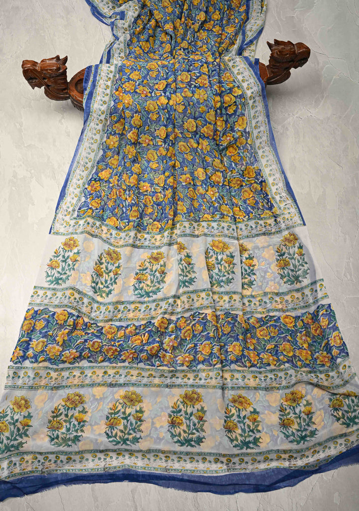 Blue Georgette Saree with Sanganeri Hand Block Print