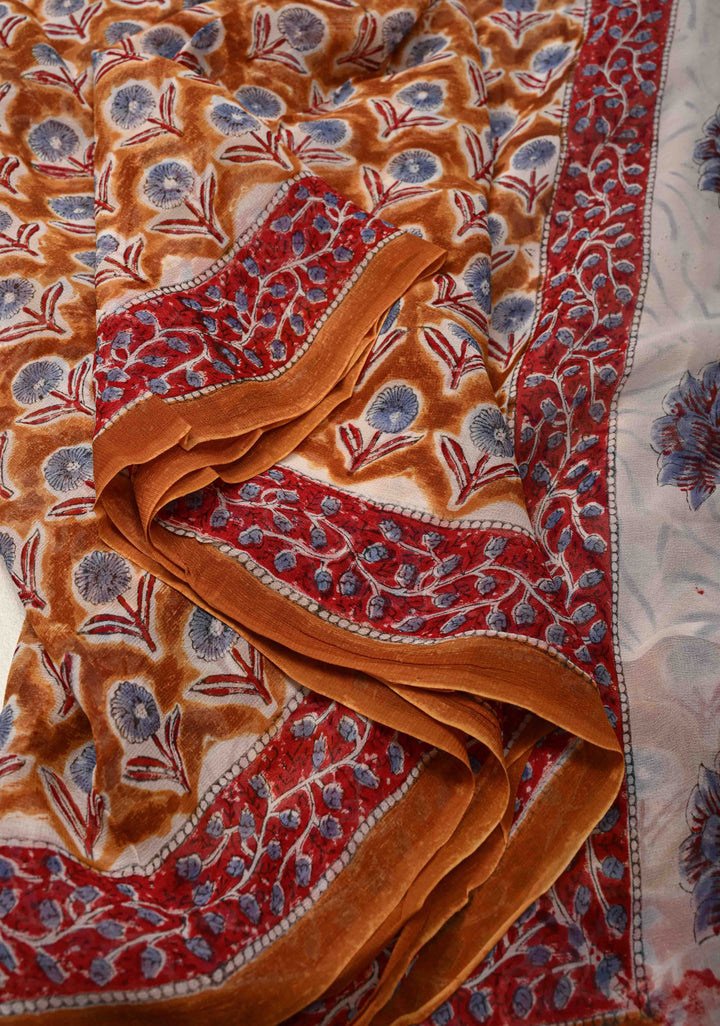 Peanut Brown Georgette Saree with Sanganeri Hand Block Print