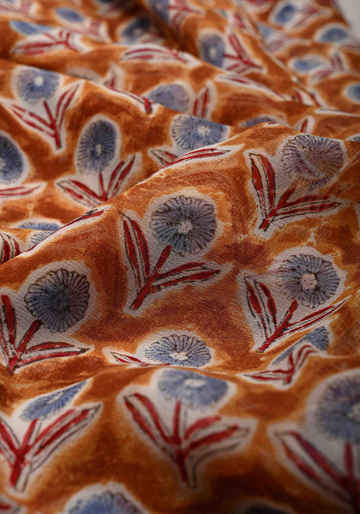 Peanut Brown Georgette Saree with Sanganeri Hand Block Print