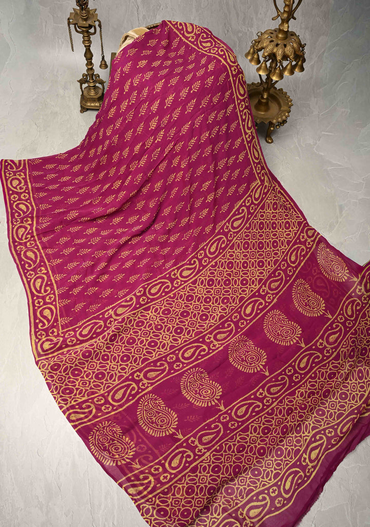 Magenta Georgette Saree with Hand Block Print