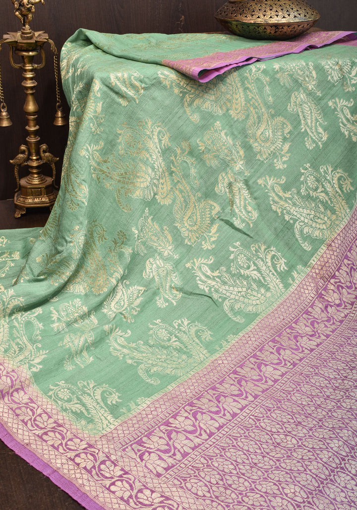 Exquisite Tussar Georgette Silk Saree in Sea Green and Lilac with Silver Paisley Jaal | SILK MARK CERTIFIED