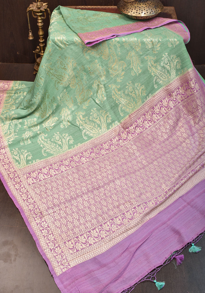 Exquisite Tussar Georgette Silk Saree in Sea Green and Lilac with Silver Paisley Jaal | SILK MARK CERTIFIED