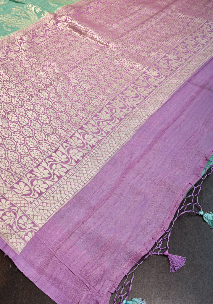 Exquisite Tussar Georgette Silk Saree in Sea Green and Lilac with Silver Paisley Jaal | SILK MARK CERTIFIED