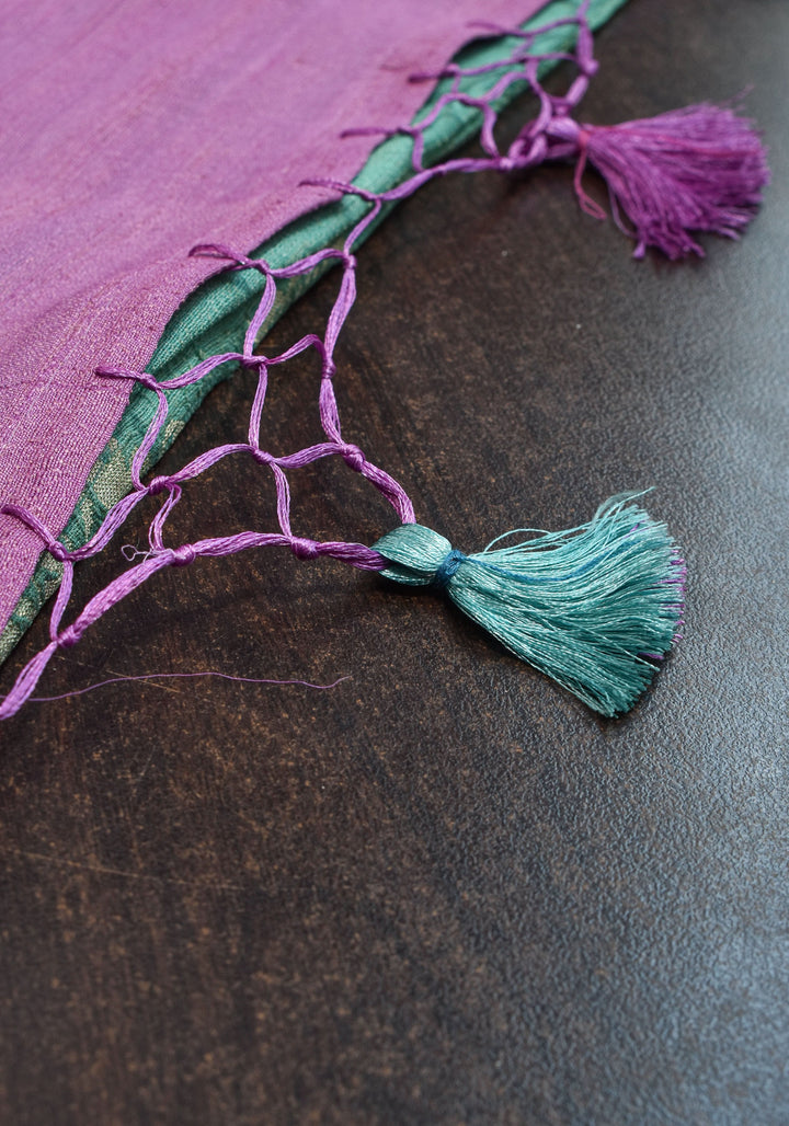 Exquisite Tussar Georgette Silk Saree in Sea Green and Lilac with Silver Paisley Jaal | SILK MARK CERTIFIED