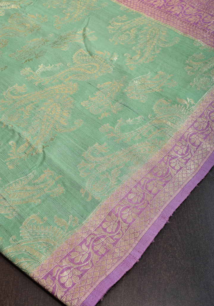 Exquisite Tussar Georgette Silk Saree in Sea Green and Lilac with Silver Paisley Jaal | SILK MARK CERTIFIED