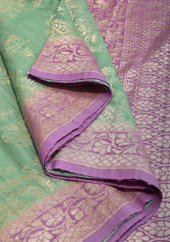 Exquisite Tussar Georgette Silk Saree in Sea Green and Lilac with Silver Paisley Jaal | SILK MARK CERTIFIED