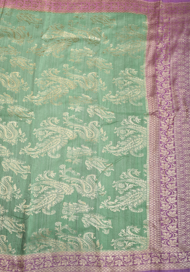 Exquisite Tussar Georgette Silk Saree in Sea Green and Lilac with Silver Paisley Jaal | SILK MARK CERTIFIED