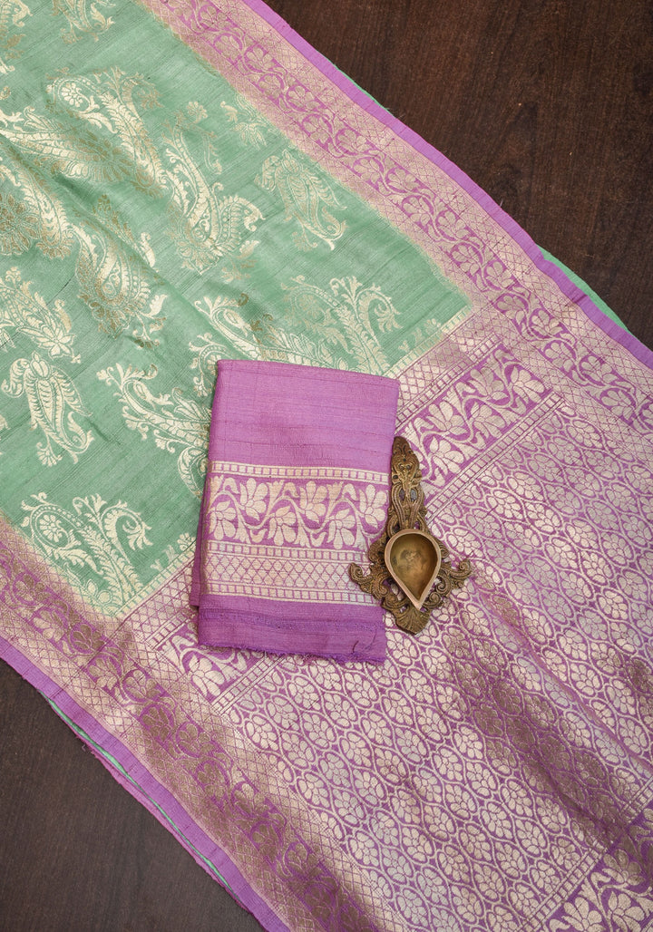 Exquisite Tussar Georgette Silk Saree in Sea Green and Lilac with Silver Paisley Jaal | SILK MARK CERTIFIED