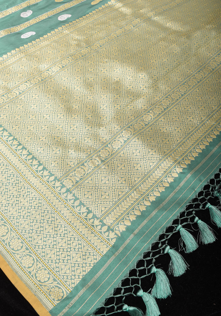 Stunning Pure Katan Silk Banarasi Saree in Aqua withSona Rupa zari Butta and Vertical Stripes | SILK MARK CERTIFIED