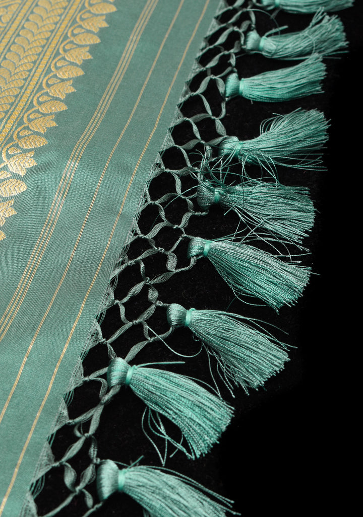 Stunning Pure Katan Silk Banarasi Saree in Aqua withSona Rupa zari Butta and Vertical Stripes | SILK MARK CERTIFIED