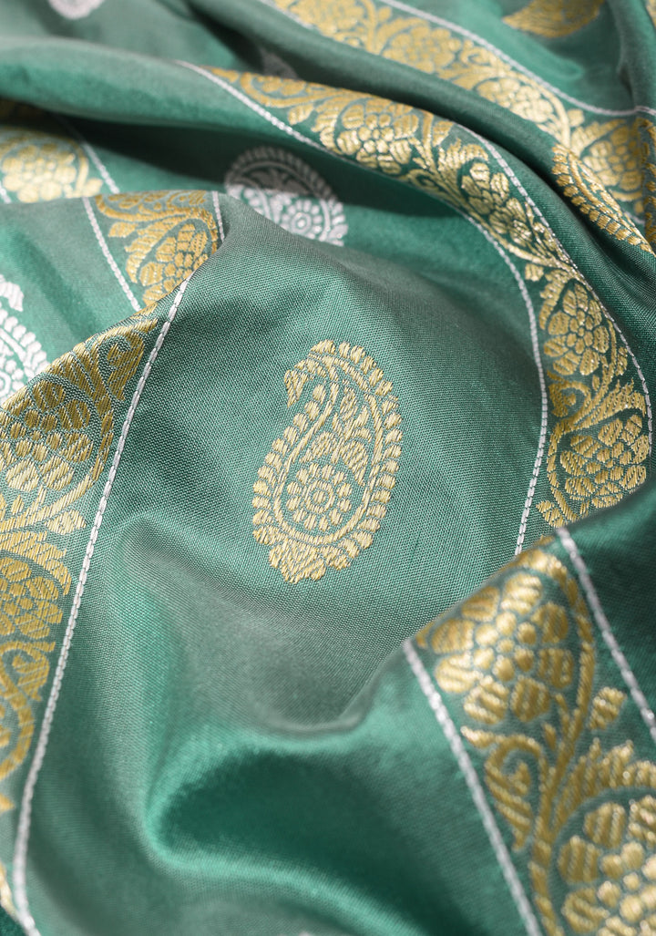 Stunning Pure Katan Silk Banarasi Saree in Aqua withSona Rupa zari Butta and Vertical Stripes | SILK MARK CERTIFIED