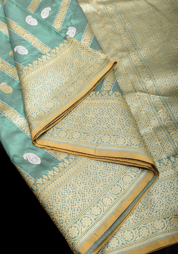 Stunning Pure Katan Silk Banarasi Saree in Aqua withSona Rupa zari Butta and Vertical Stripes | SILK MARK CERTIFIED