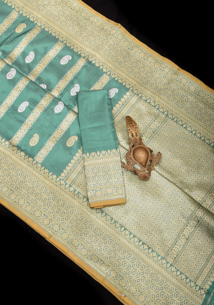 Stunning Pure Katan Silk Banarasi Saree in Aqua withSona Rupa zari Butta and Vertical Stripes | SILK MARK CERTIFIED