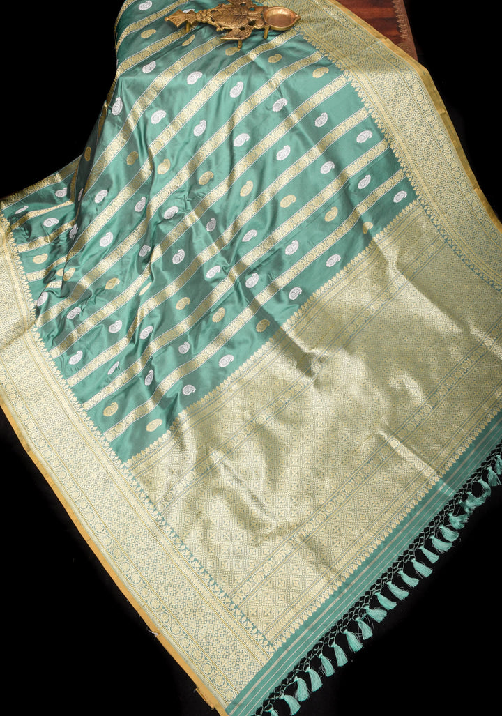 Stunning Pure Katan Silk Banarasi Saree in Aqua withSona Rupa zari Butta and Vertical Stripes | SILK MARK CERTIFIED