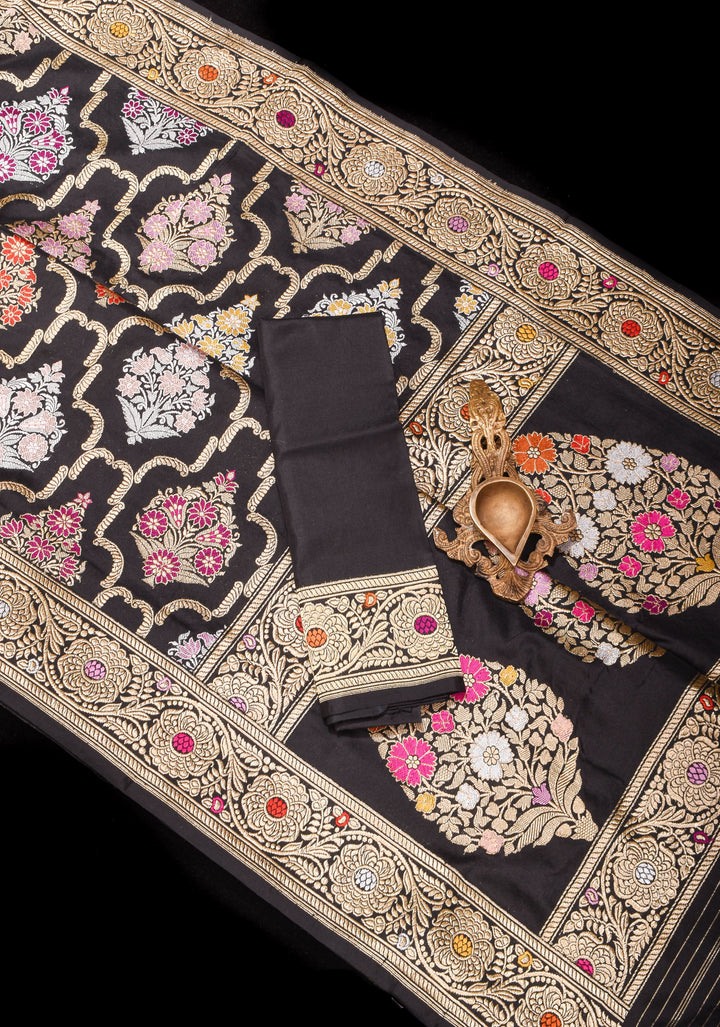 Authentic Kadhuwa Jungla Multi-color Meenakari Jaal Banarasi Silk Saree in Black with Grand Pallu and Zari  | SILK MARK CERTIFIED