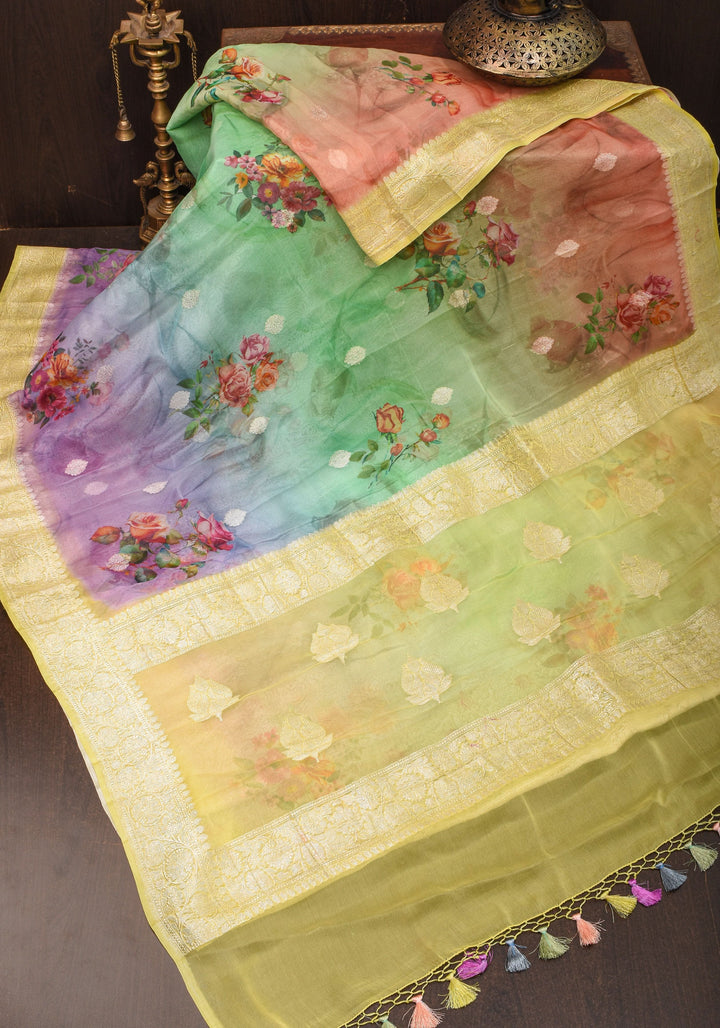 Ombre  Pure Silk Banarasi Chiffon Saree  in Multicolor with Floral Printing and  Zari | SILK MARK CERTIFIED