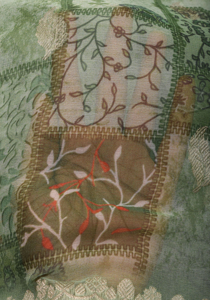 Pure Silk Banarasi Chiffon Saree  in Green with Floral Printing and  Zari | SILK MARK CERTIFIED