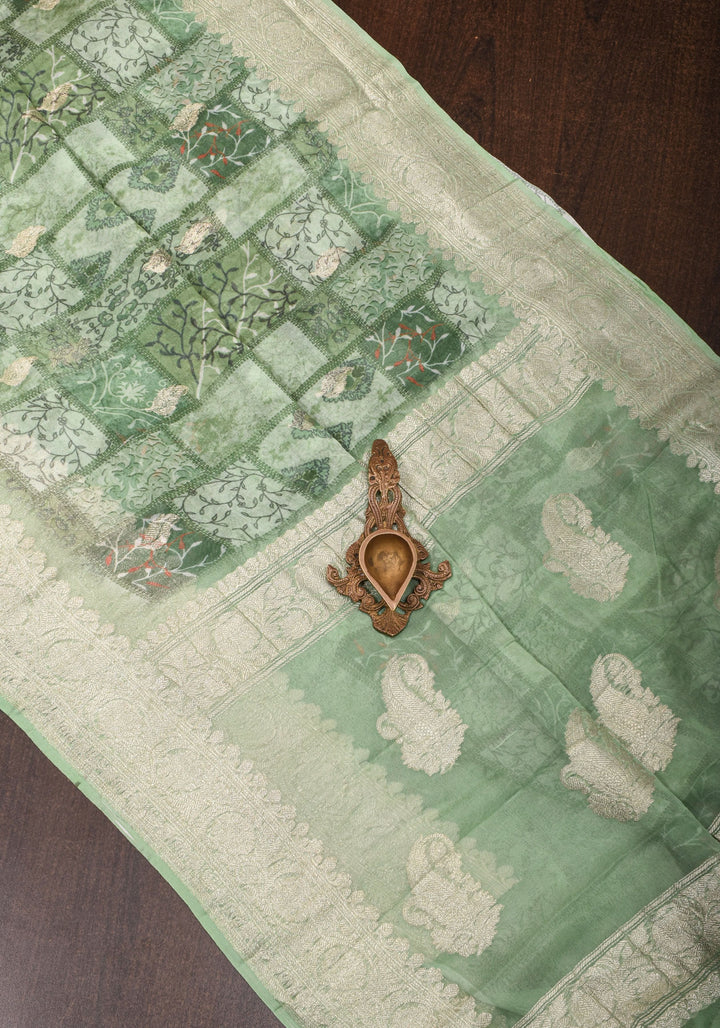 Pure Silk Banarasi Chiffon Saree  in Green with Floral Printing and  Zari | SILK MARK CERTIFIED
