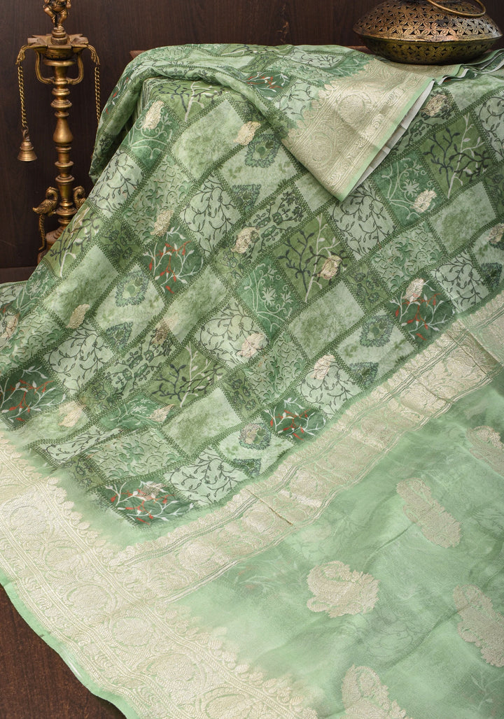 Pure Silk Banarasi Chiffon Saree  in Green with Floral Printing and  Zari | SILK MARK CERTIFIED