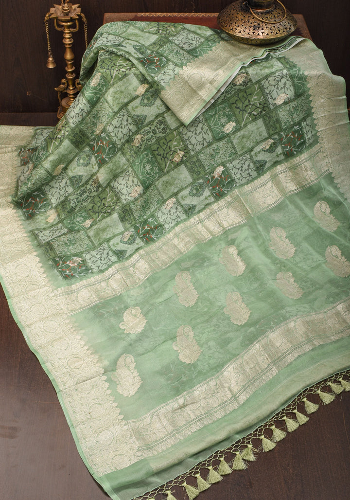 Pure Silk Banarasi Chiffon Saree  in Green with Floral Printing and  Zari | SILK MARK CERTIFIED