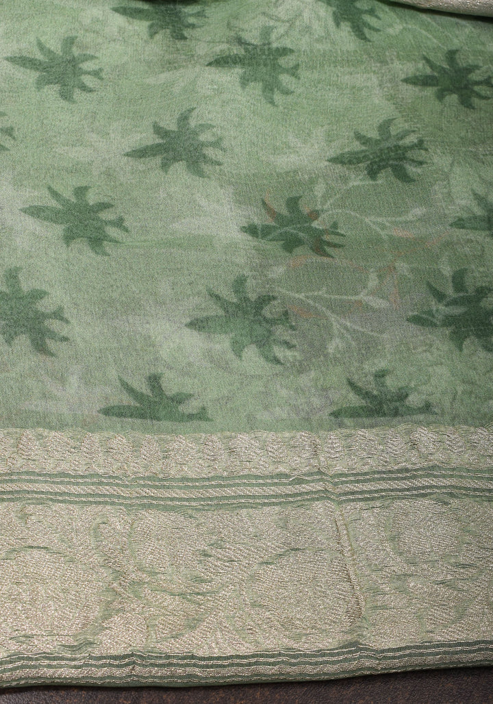Pure Silk Banarasi Chiffon Saree  in Green with Floral Printing and  Zari | SILK MARK CERTIFIED