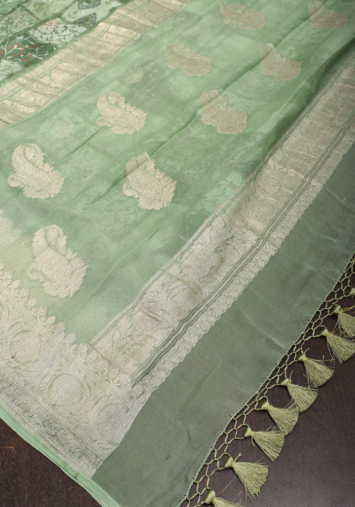 Pure Silk Banarasi Chiffon Saree  in Green with Floral Printing and  Zari | SILK MARK CERTIFIED