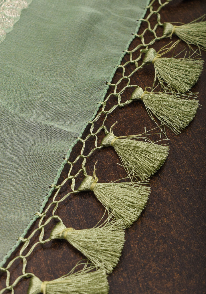 Pure Silk Banarasi Chiffon Saree  in Green with Floral Printing and  Zari | SILK MARK CERTIFIED