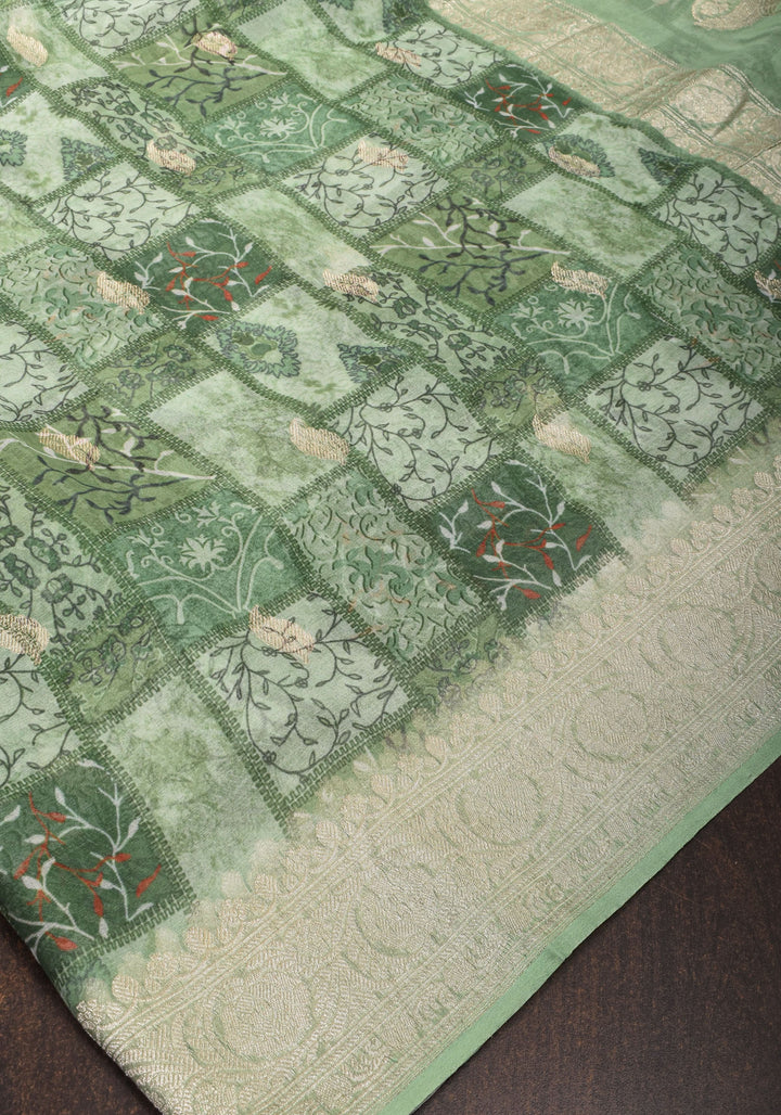 Pure Silk Banarasi Chiffon Saree  in Green with Floral Printing and  Zari | SILK MARK CERTIFIED