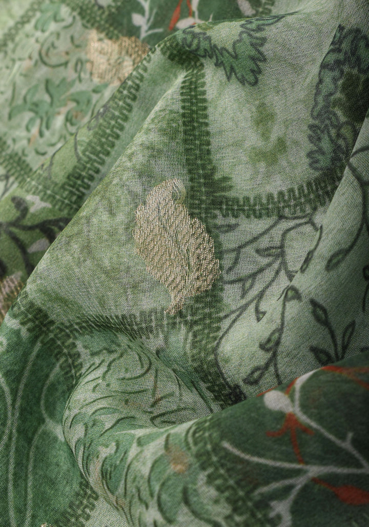 Pure Silk Banarasi Chiffon Saree  in Green with Floral Printing and  Zari | SILK MARK CERTIFIED