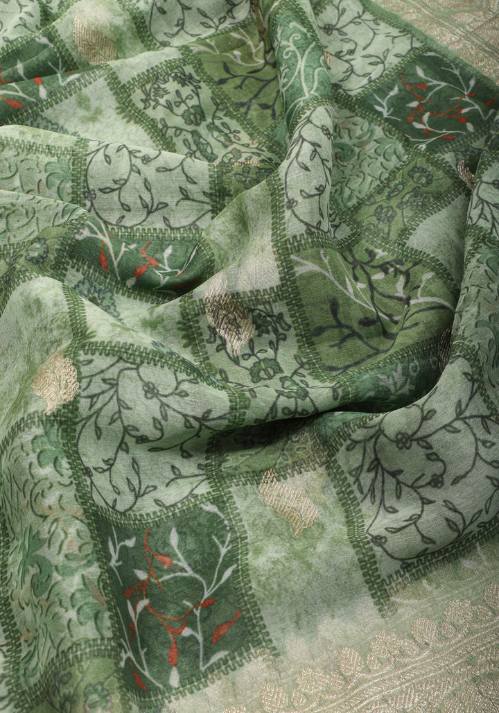 Pure Silk Banarasi Chiffon Saree  in Green with Floral Printing and  Zari | SILK MARK CERTIFIED