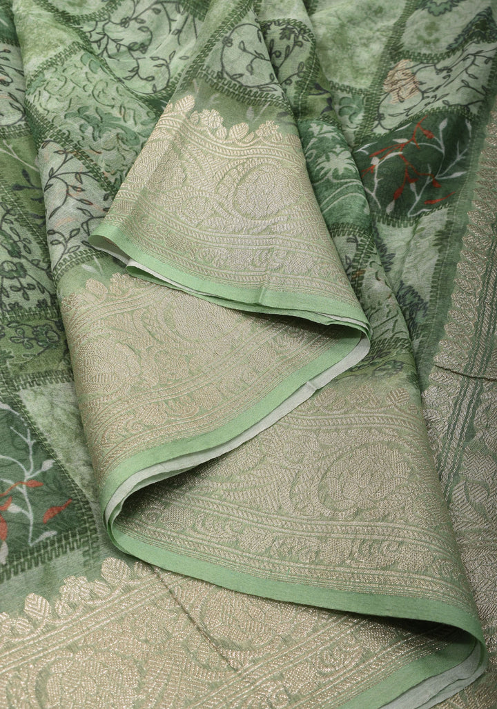 Pure Silk Banarasi Chiffon Saree  in Green with Floral Printing and  Zari | SILK MARK CERTIFIED