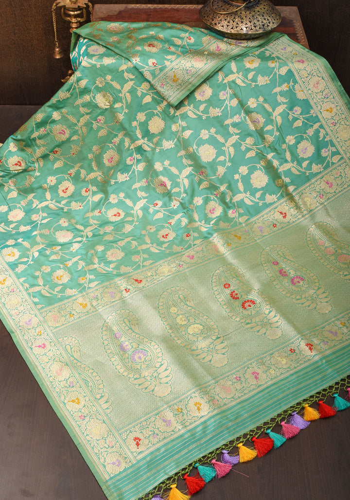 Kadhuwa Jungla Meenakari Sea Green Exquisite Banarasi  Silk Saree | SILK MARK CERTIFIED