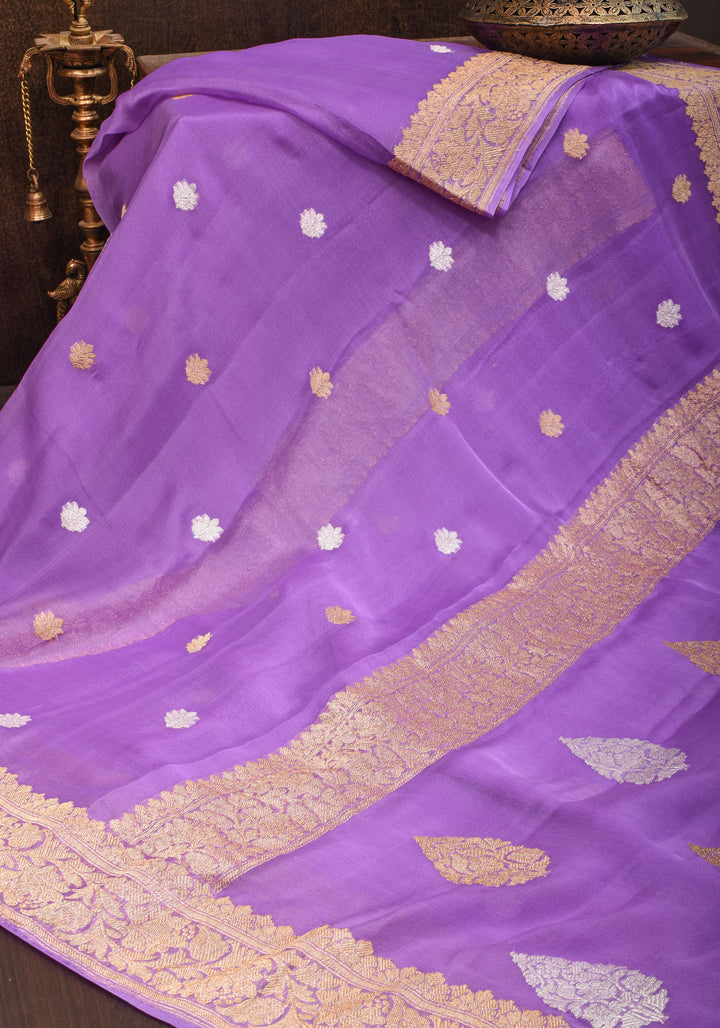 Lavender Pure Silk Chiffon Banarasi Saree with Sona Rupa Buttas and Floral Zari Borders | SILK MARK CERTIFIED