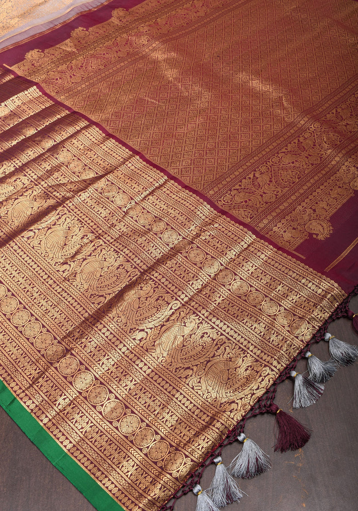 Gray Exquisite Brocade Gadwal Silk Saree with floral Jaal and extravagant 16 inch Zari border | SILK MARK CERTIFIED