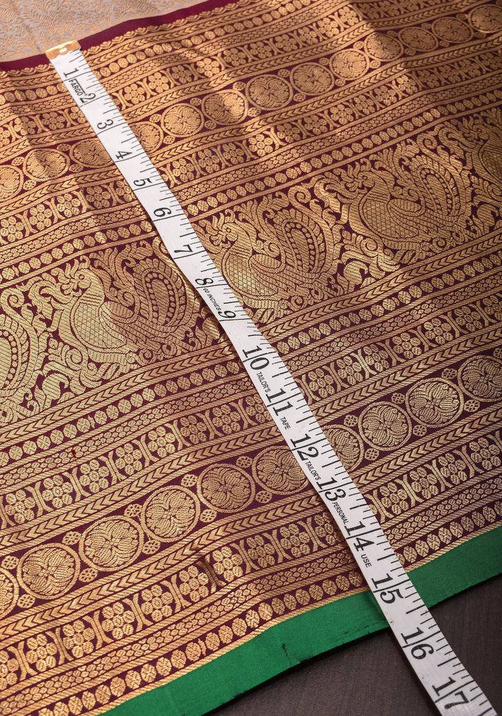 Gray Exquisite Brocade Gadwal Silk Saree with floral Jaal and extravagant 16 inch Zari border | SILK MARK CERTIFIED