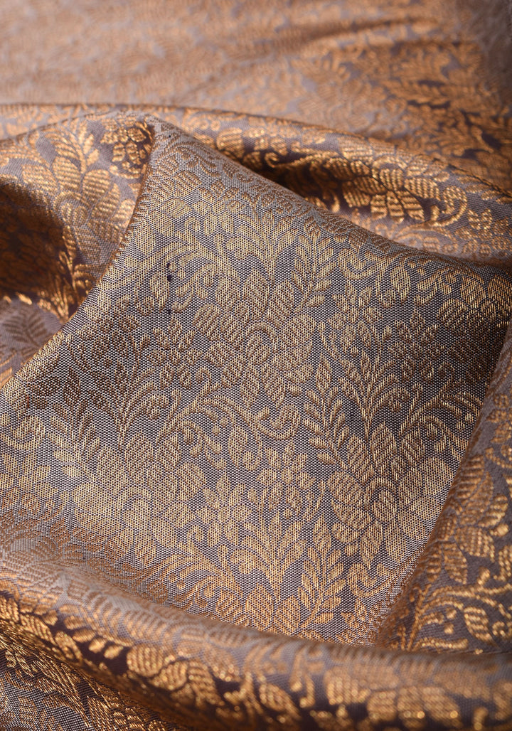 Gray Exquisite Brocade Gadwal Silk Saree with floral Jaal and extravagant 16 inch Zari border | SILK MARK CERTIFIED