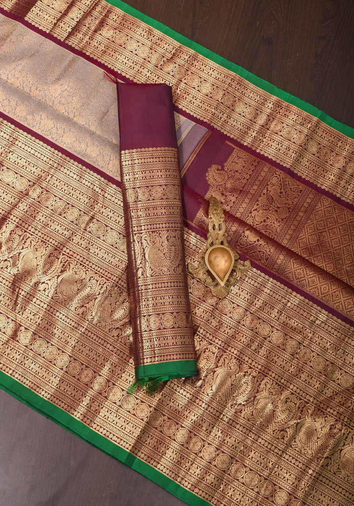 Gray Exquisite Brocade Gadwal Silk Saree with floral Jaal and extravagant 16 inch Zari border | SILK MARK CERTIFIED