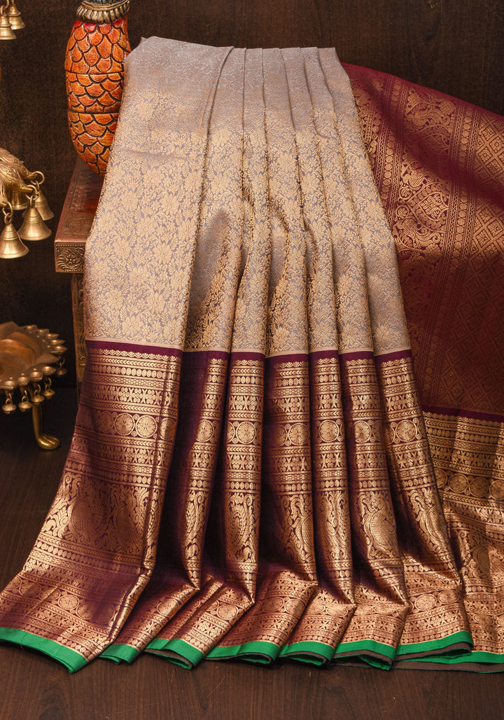 Gray Exquisite Brocade Gadwal Silk Saree with floral Jaal and extravagant 16 inch Zari border | SILK MARK CERTIFIED