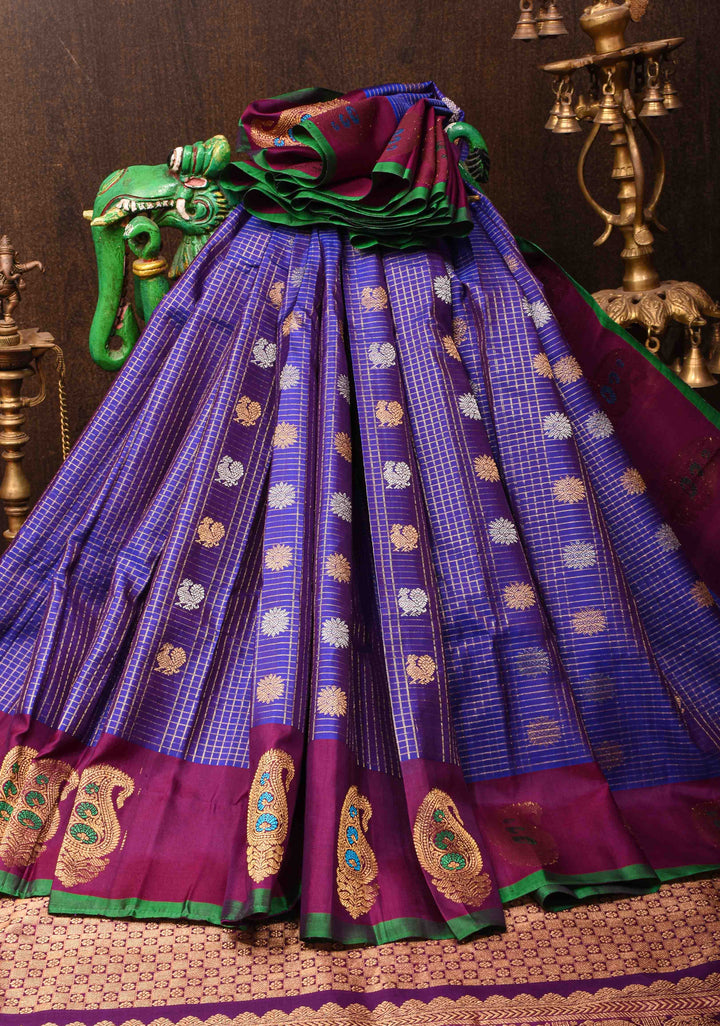 Blue Zari Checks Gadwal Silk saree with Sona Rupa Buttas and Distinct Meenakari Paisley Motifs on Border | SILK MARK CERTIFIED