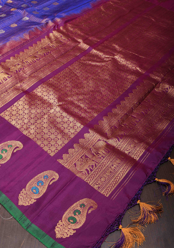 Blue Zari Checks Gadwal Silk saree with Sona Rupa Buttas and Distinct Meenakari Paisley Motifs on Border | SILK MARK CERTIFIED