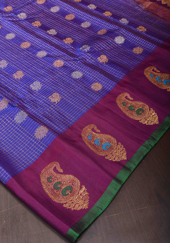Blue Zari Checks Gadwal Silk saree with Sona Rupa Buttas and Distinct Meenakari Paisley Motifs on Border | SILK MARK CERTIFIED