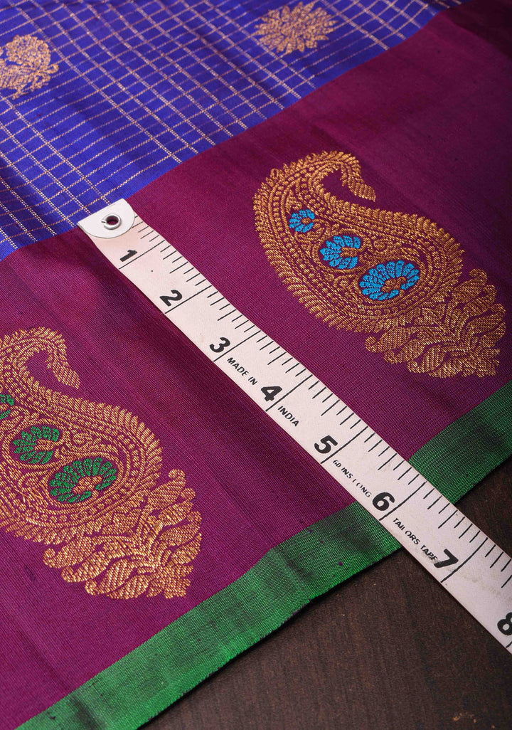 Blue Zari Checks Gadwal Silk saree with Sona Rupa Buttas and Distinct Meenakari Paisley Motifs on Border | SILK MARK CERTIFIED