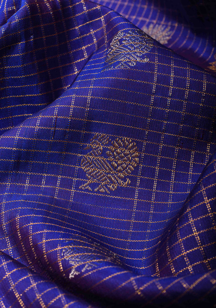 Blue Zari Checks Gadwal Silk saree with Sona Rupa Buttas and Distinct Meenakari Paisley Motifs on Border | SILK MARK CERTIFIED