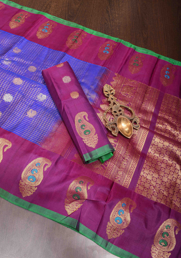 Blue Zari Checks Gadwal Silk saree with Sona Rupa Buttas and Distinct Meenakari Paisley Motifs on Border | SILK MARK CERTIFIED