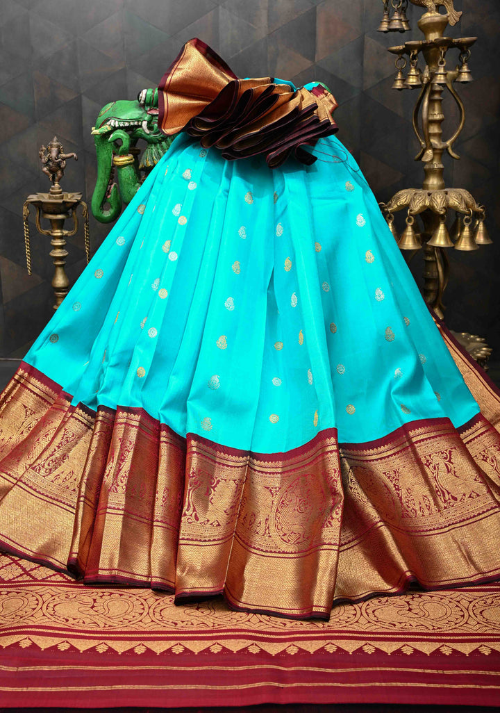 Cyan Blue Korvai Pure Gadwal Silk Saree with Gold & Silver Zari Buttas and Contrast Zari Border | SILK MARK CERTIFIED