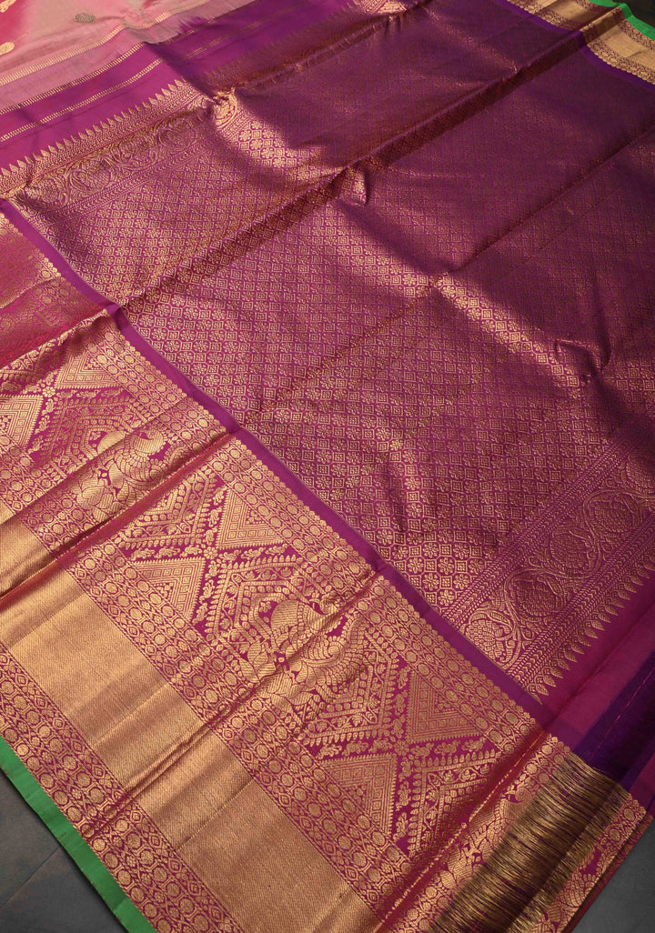 Carnation Pink Gadwal Silk Saree with Silver Gold Zari Buttas and Contrast Wide Zari Border | SILK MARK CERTIFIED