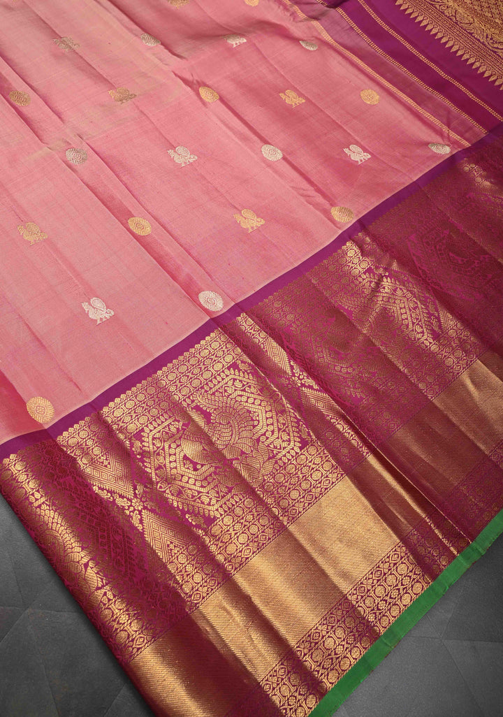 Carnation Pink Gadwal Silk Saree with Silver Gold Zari Buttas and Contrast Wide Zari Border | SILK MARK CERTIFIED