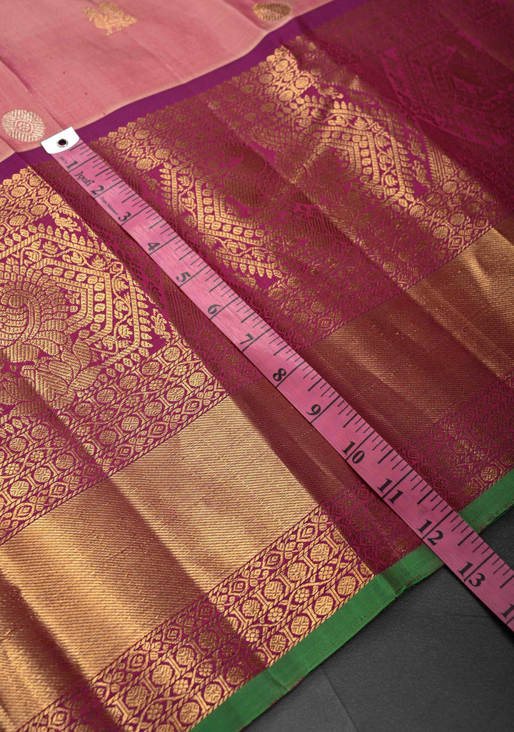 Carnation Pink Gadwal Silk Saree with Silver Gold Zari Buttas and Contrast Wide Zari Border | SILK MARK CERTIFIED